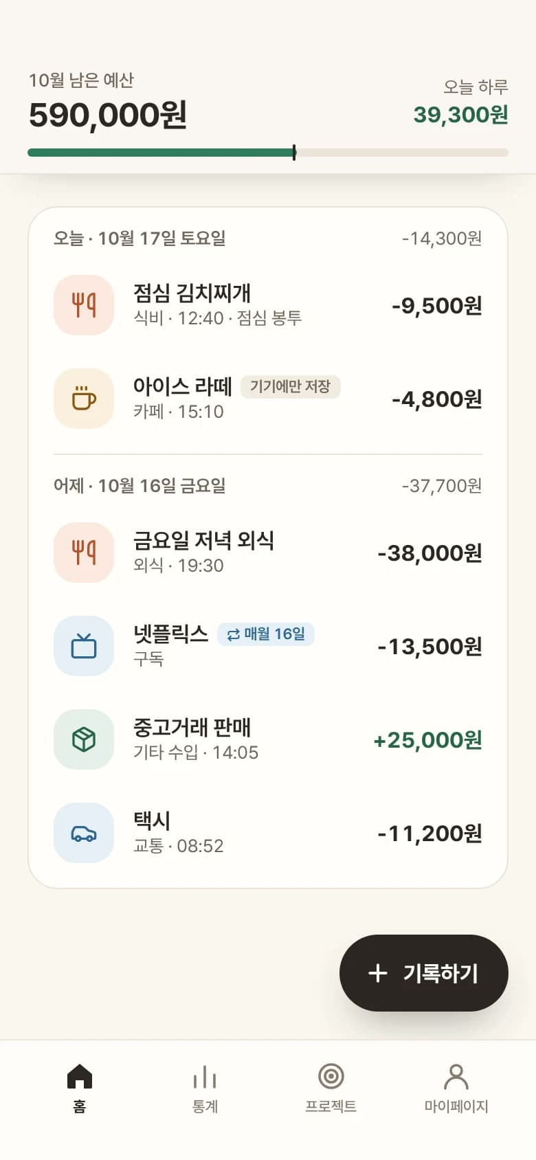홈 화면을 아래로 스크롤한 모습. 상단에 남은 예산 590,000원과 오늘 하루 39,300원이 고정되어 있다.